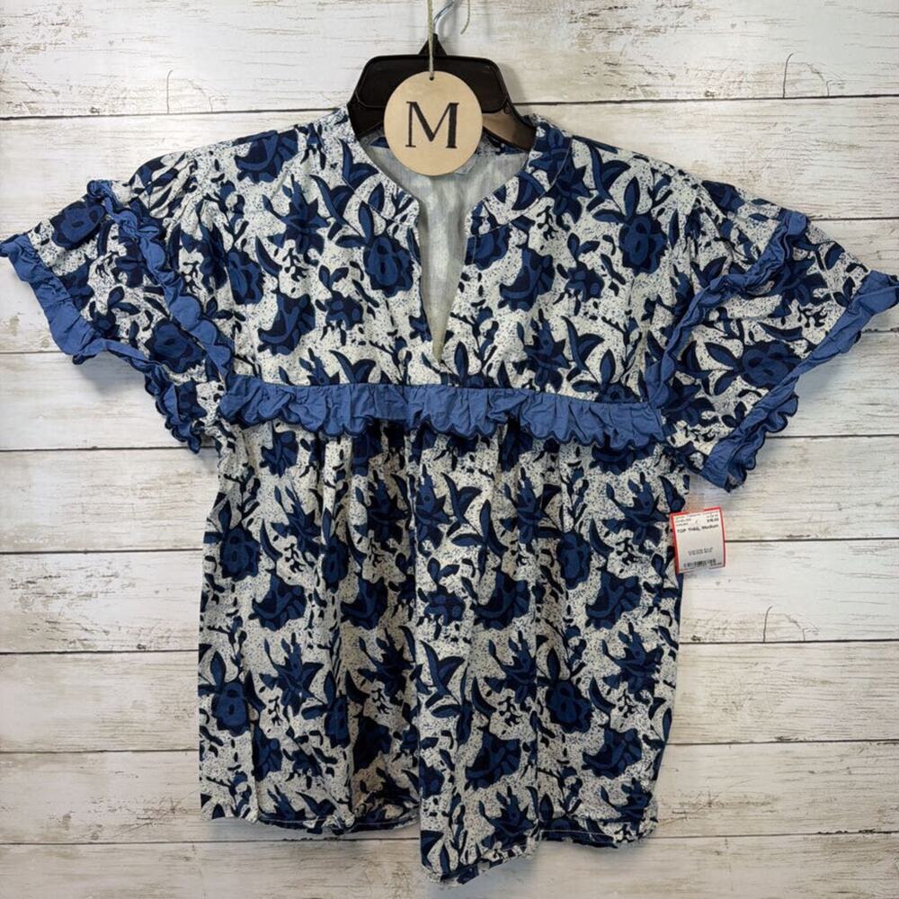 THML Blue Ruffle Trim Floral Print Top